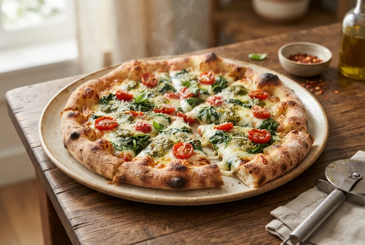 Pizza de masa casera con topping de espinaca, tomate y mozzarella