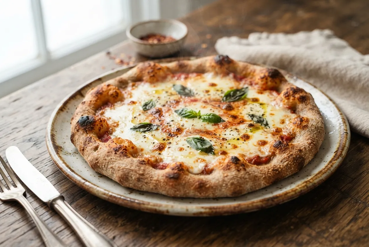 Pizza con masa casera de trigo sarraceno y topping de muzzarella