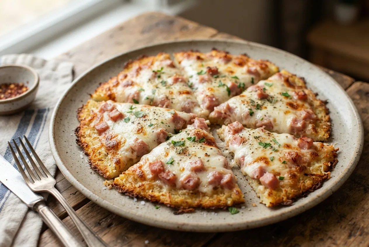 Pizza con masa de coliflor y topping de jamón y queso
