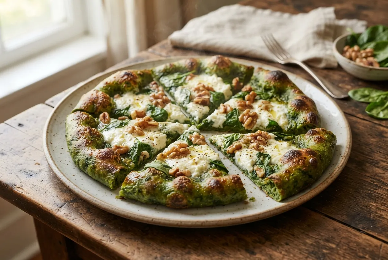 Pizza con masa de espinaca y topping de ricota y nueces