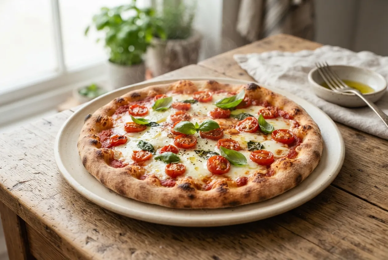 Pizza masa fina casera con tomate, mozzarella y tomate cherry