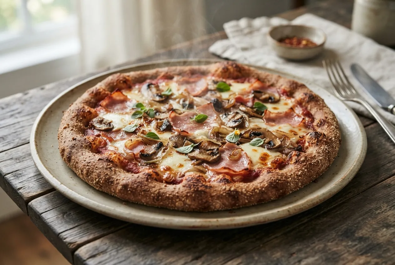 Pizza con masa de harina de centeno, jamón y hongos