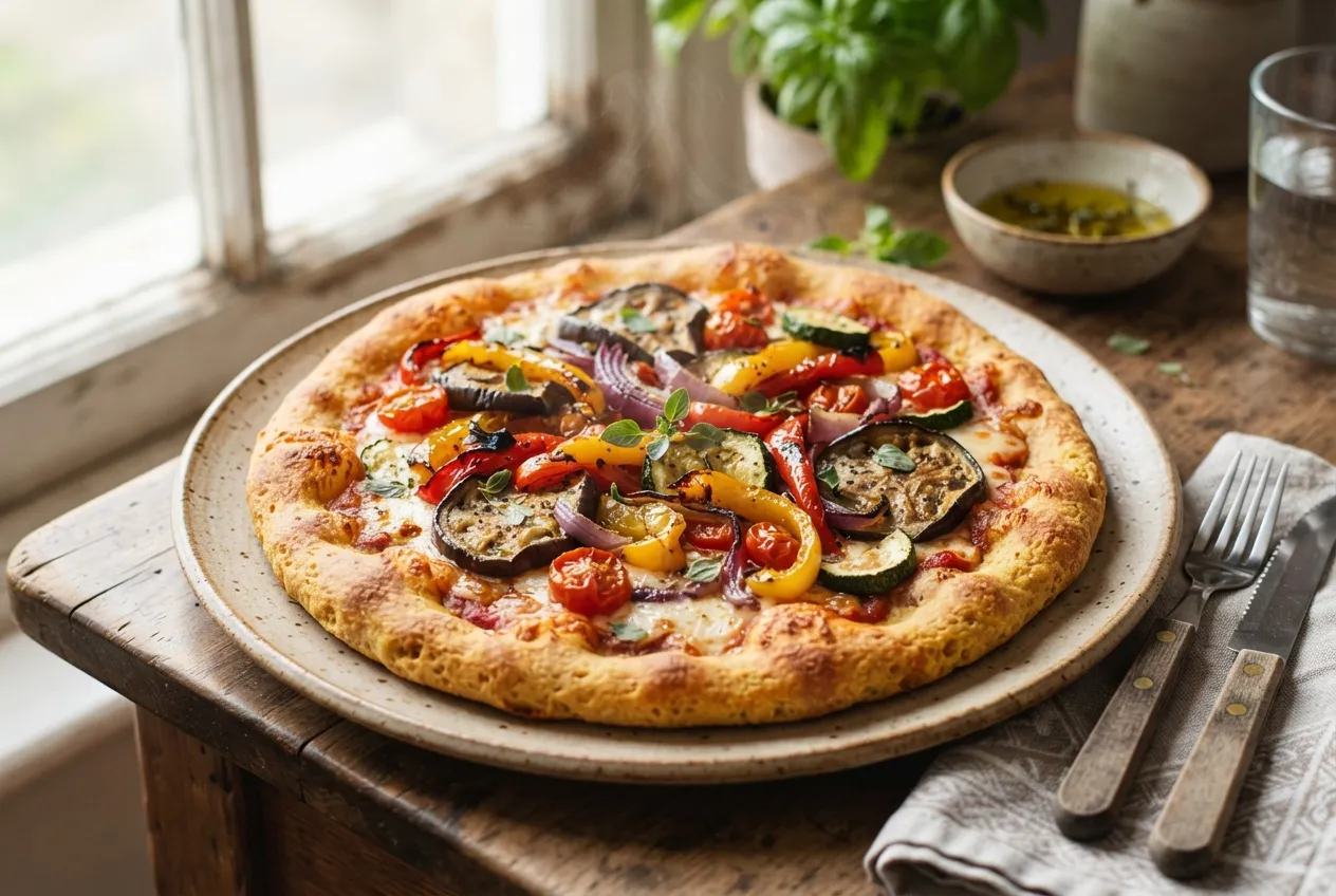 Pizza con masa de harina de garbanzo y verduras asadas