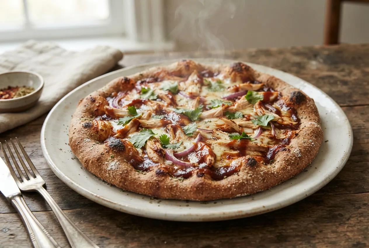 Pizza con masa de harina integral y topping de pollo y salsa barbacoa