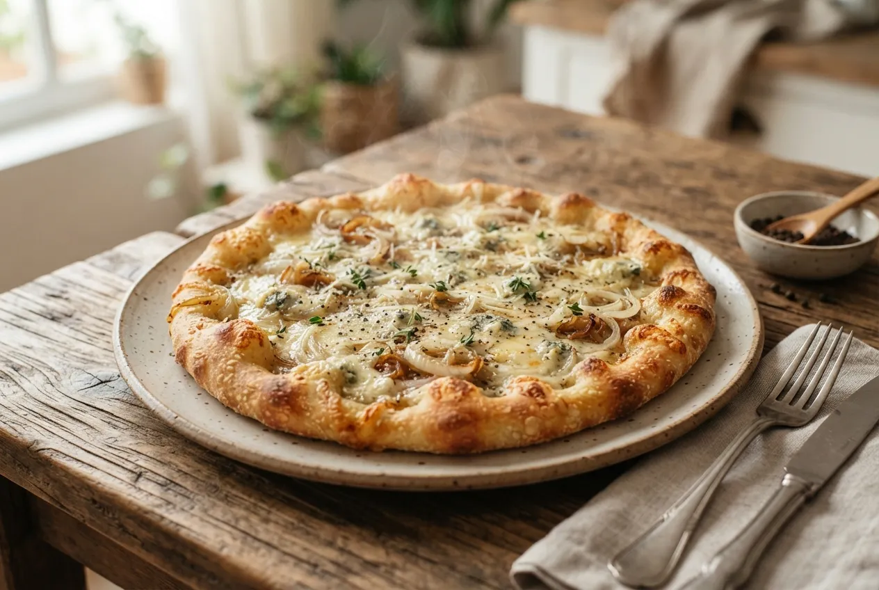 Pizza con masa de mandioca y topping de queso azul y cebolla