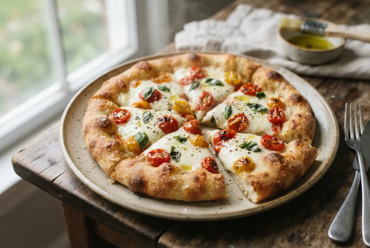 Pizza con masa de papa y topping de mozzarella y tomate cherry