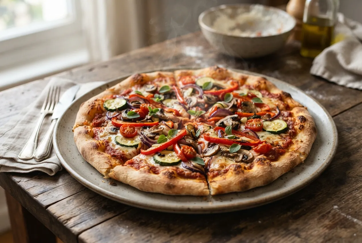 Pizza con masa sin levadura y toppings de verduras