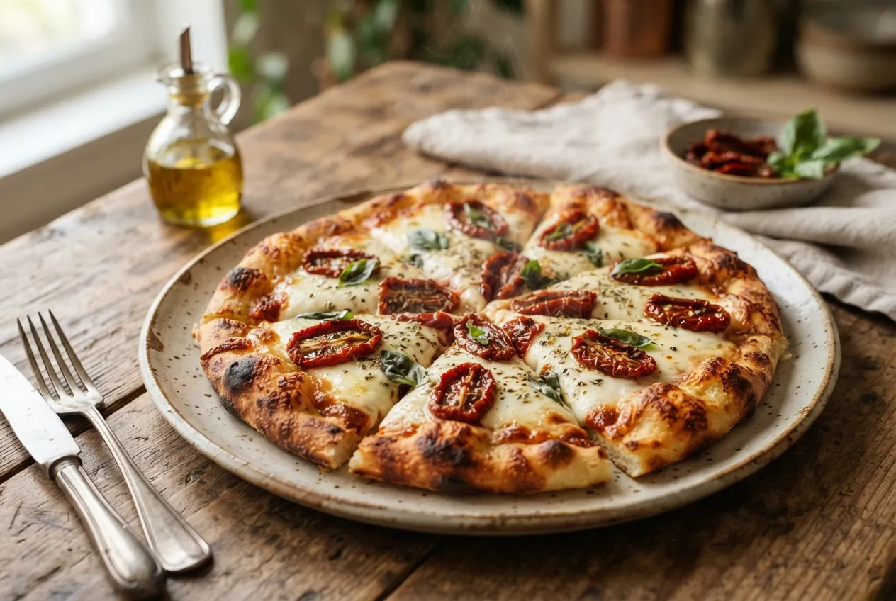Pizza con masa de yuca y topping de mozzarella y tomates secos