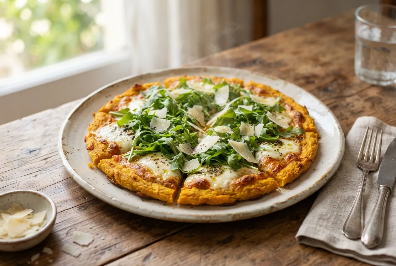 Pizza con masa de zapallo y topping de rúcula y parmesano