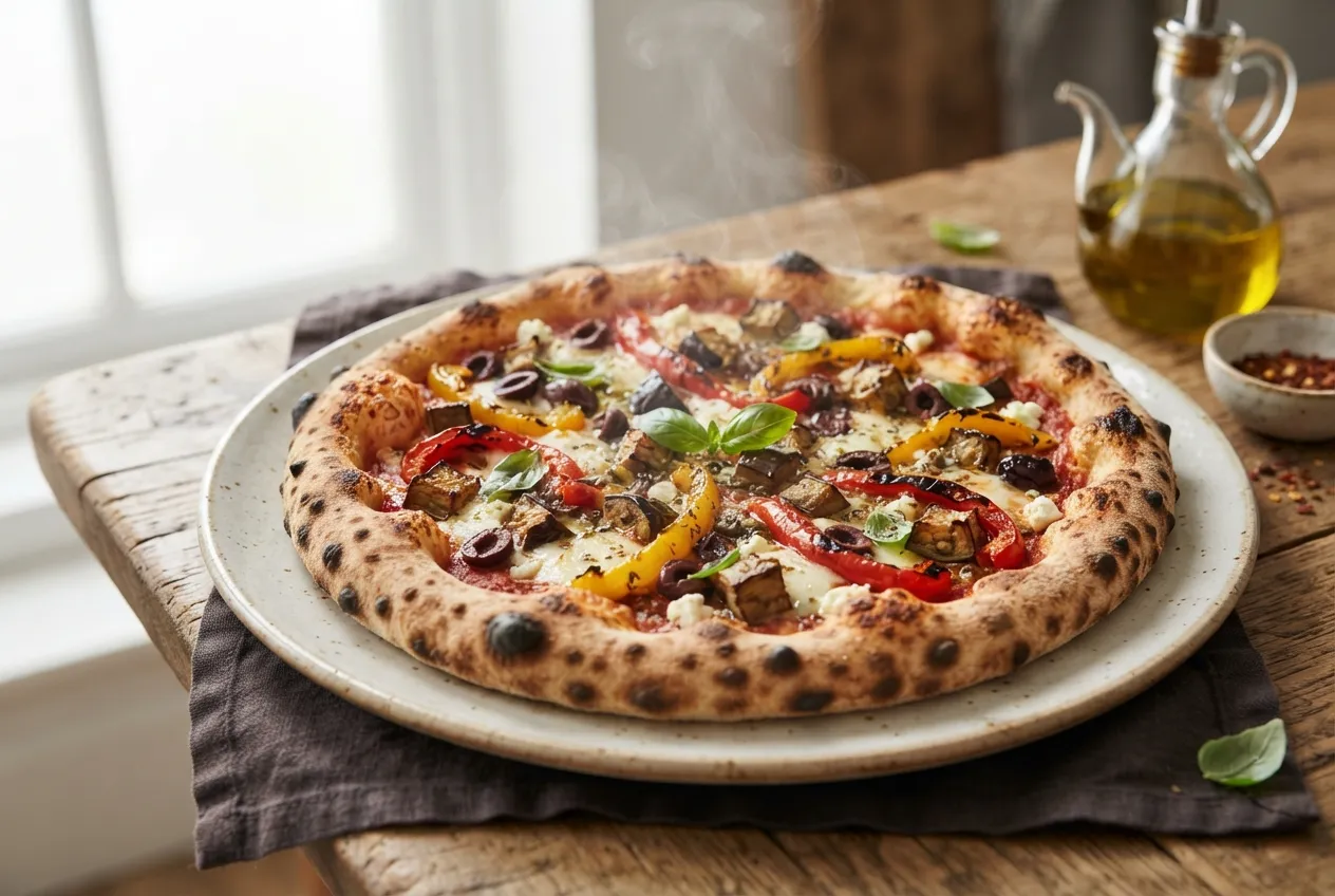 Pizza vegetariana con berenjenas, morrones y aceitunas