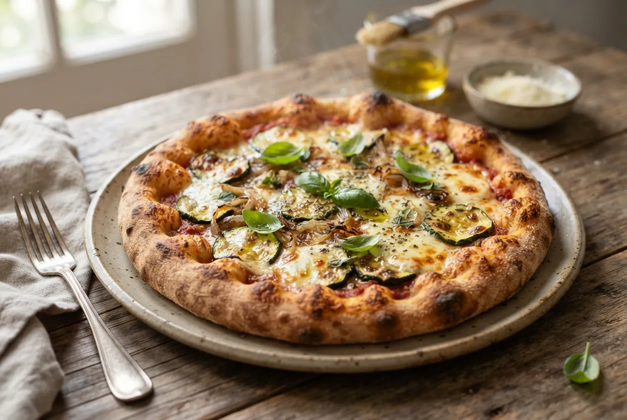 Pizza de zapallitos con muzzarella y salsa de tomate