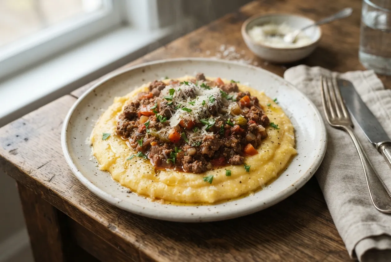 Polenta cremosa con ragú de carne y verduras