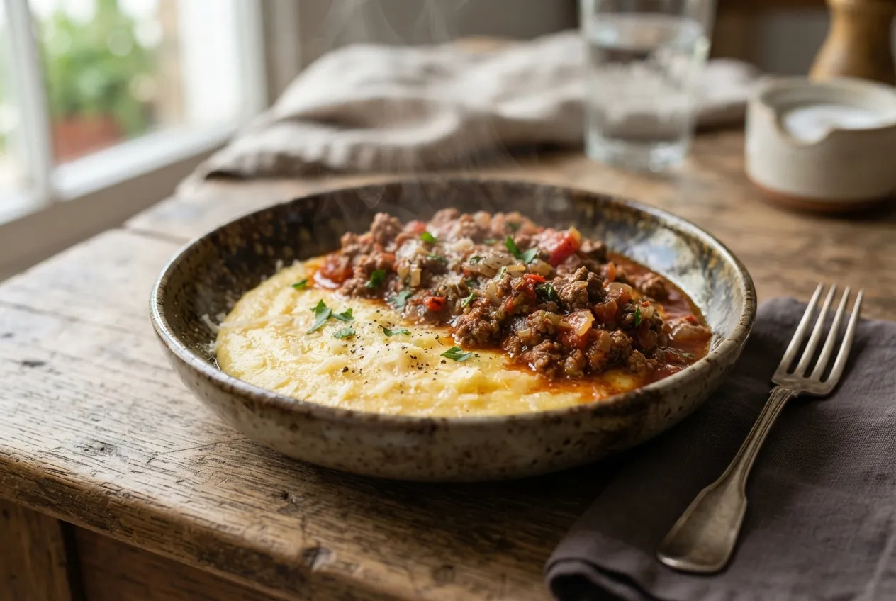 Polenta cremosa con salsa de carne para plato principal