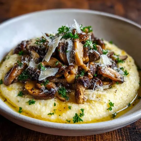 Polenta cremosa con salsa de hongos y queso rallado