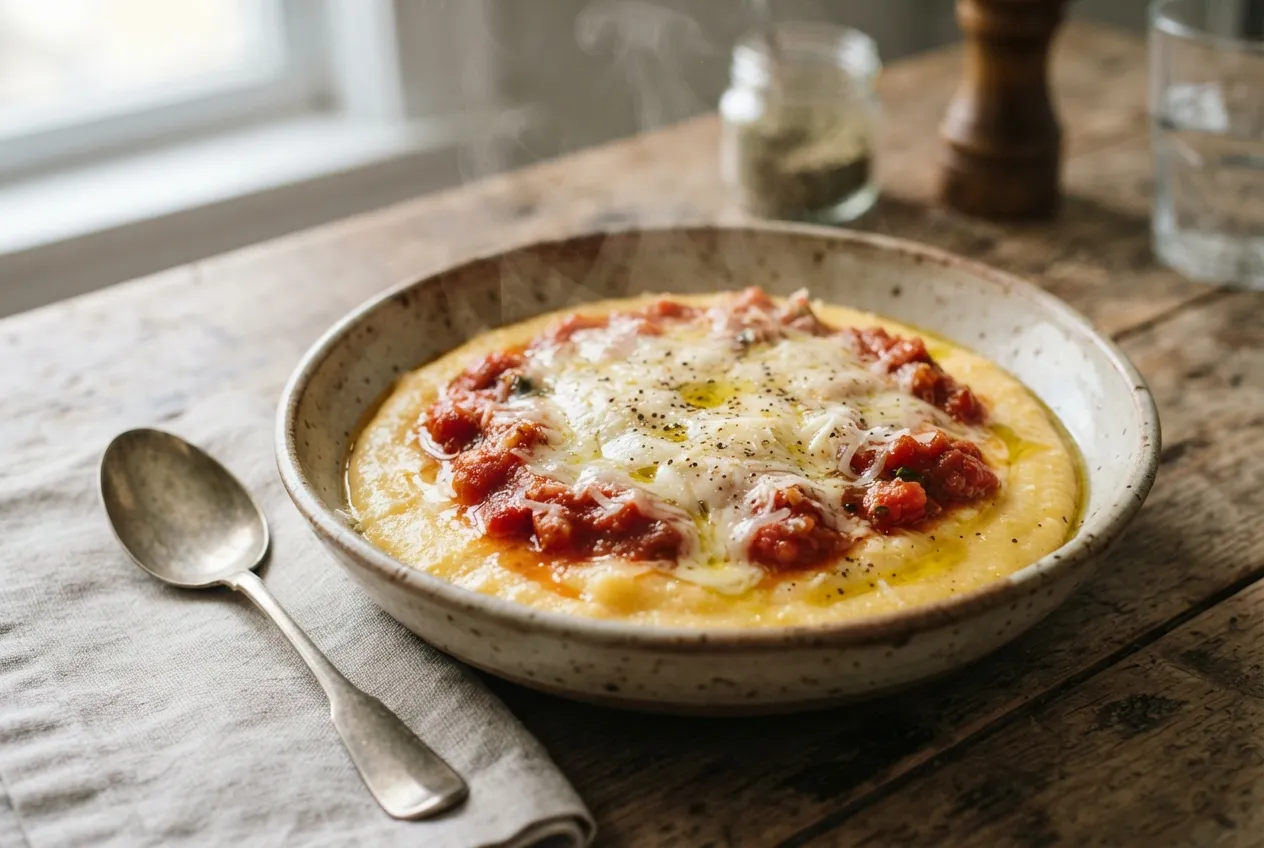 Polenta cremosa con salsa de tomate y queso rallado