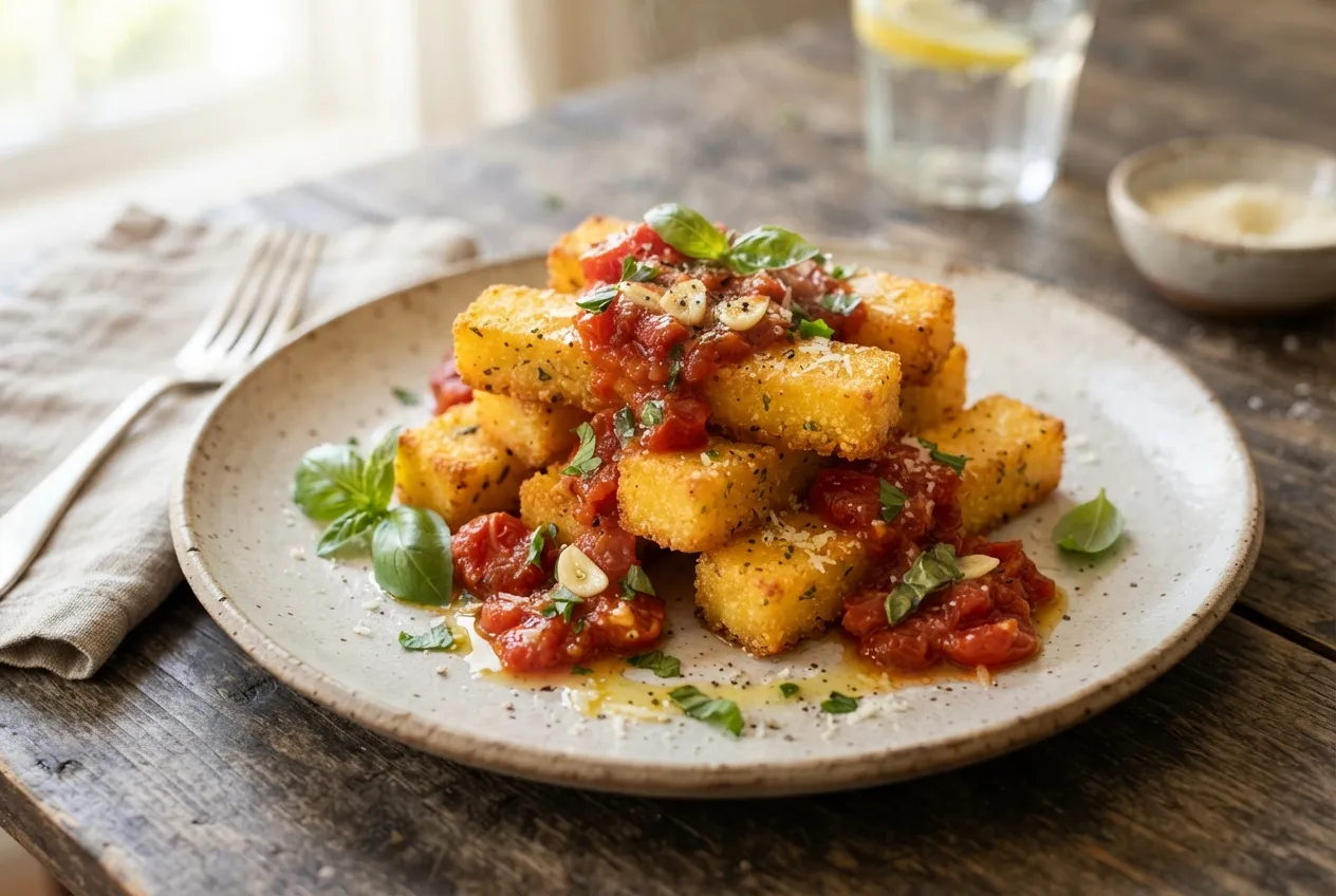 Polenta crocante en air fryer con salsa de tomate
