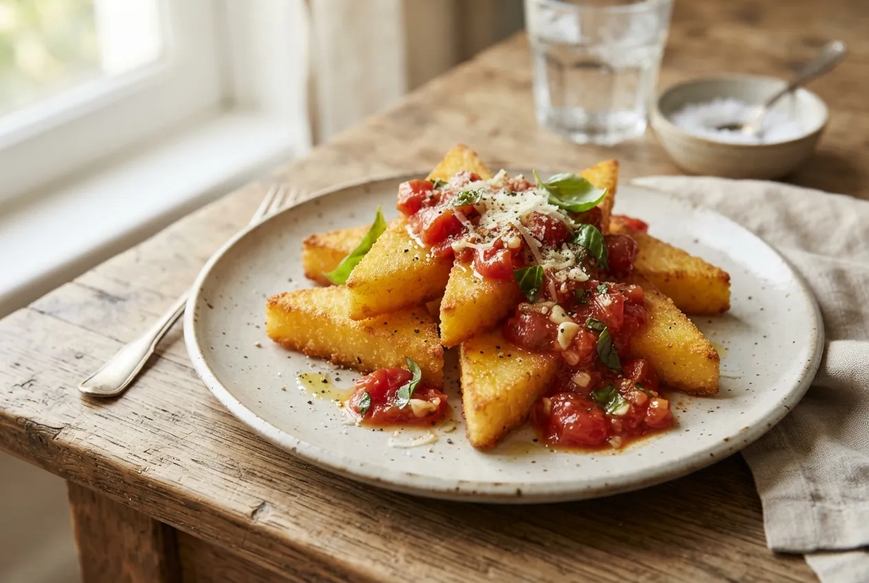 Polenta frita con salsa de tomate casera