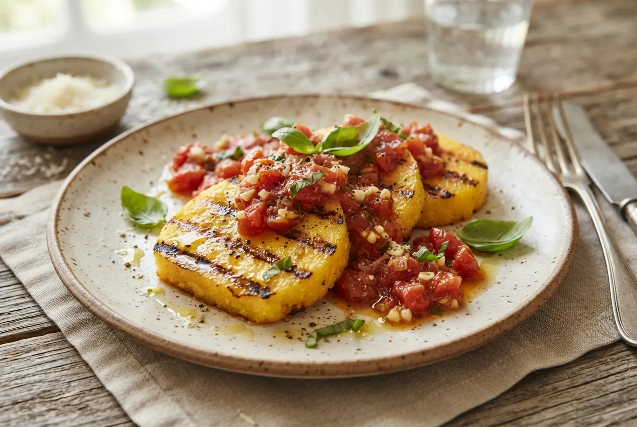Polenta grillada con salsa de tomate y albahaca