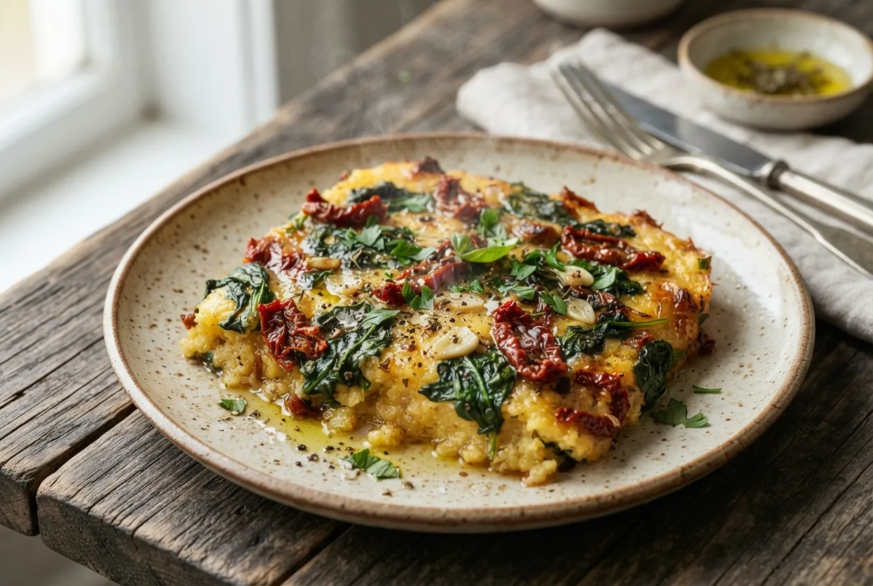 Polenta al horno con espinaca y tomates secos sin queso