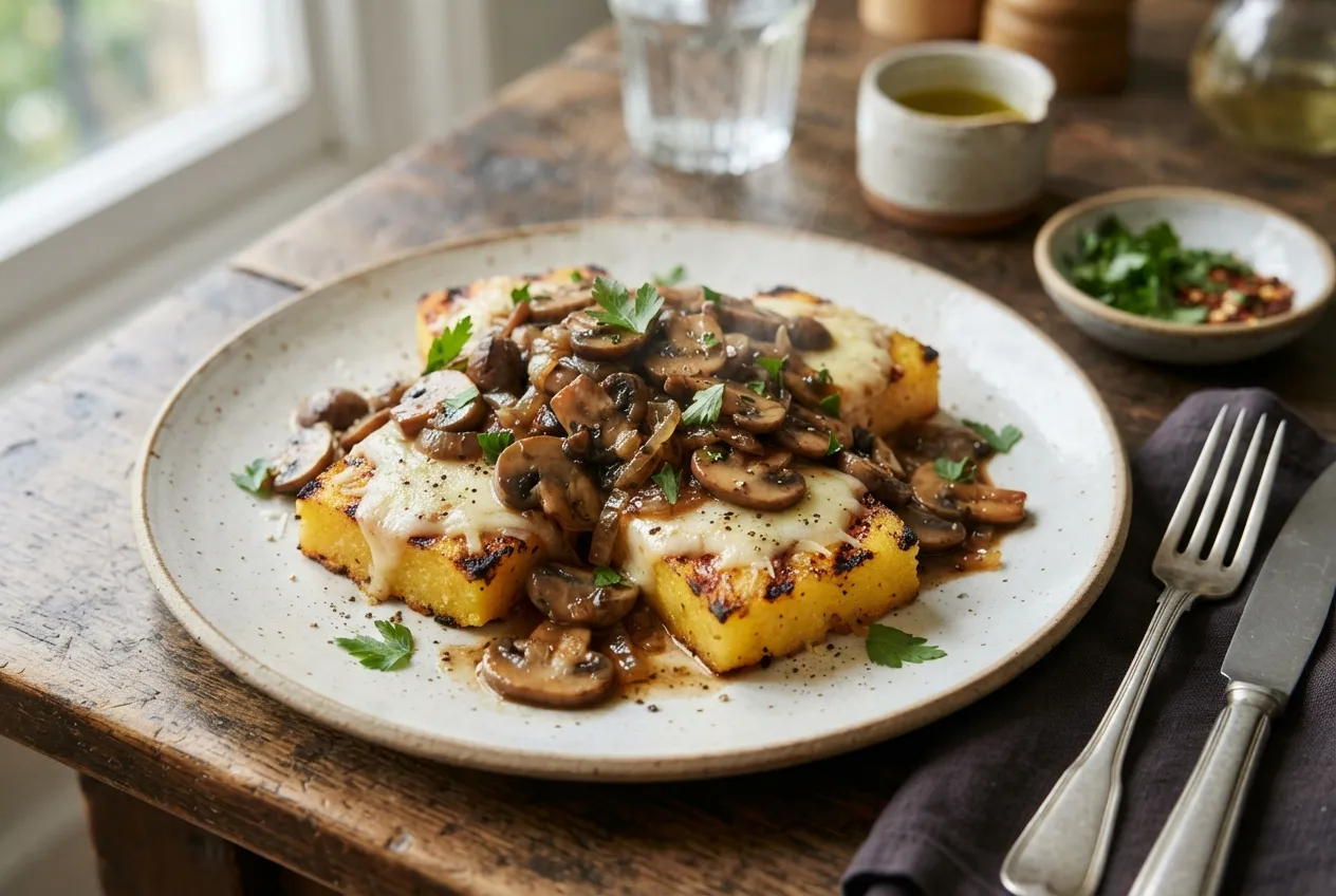 Polenta a la parrilla con salsa de champiñones y queso