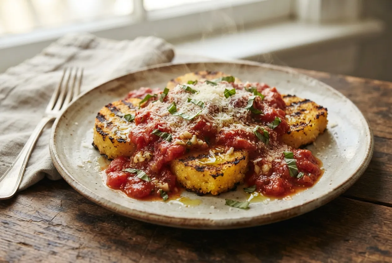 Polenta a la parrilla con salsa de tomate y queso rallado