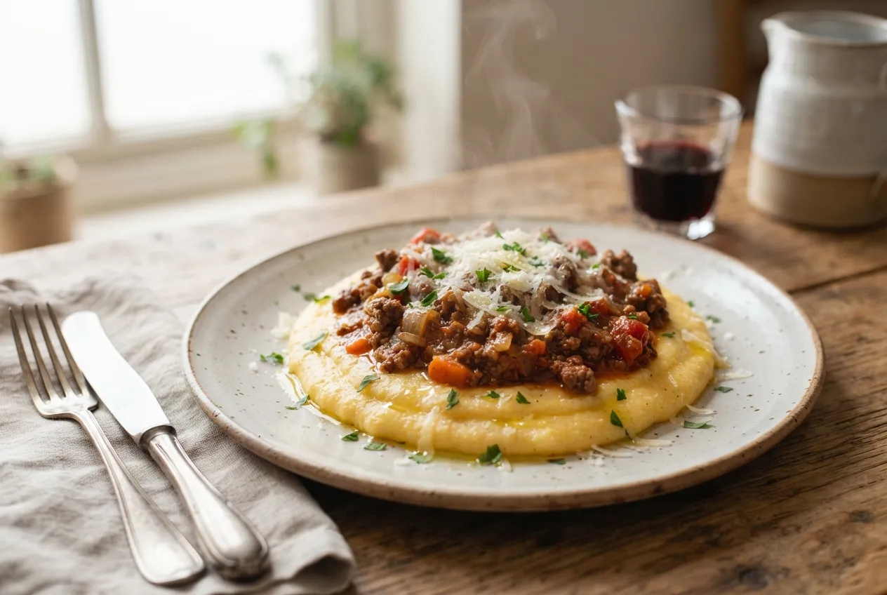 Polenta con ragú de carne y queso rallado