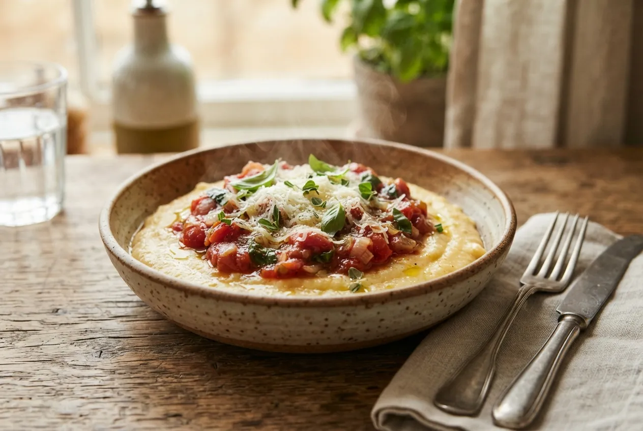 Polenta con salsa fileto y queso rallado