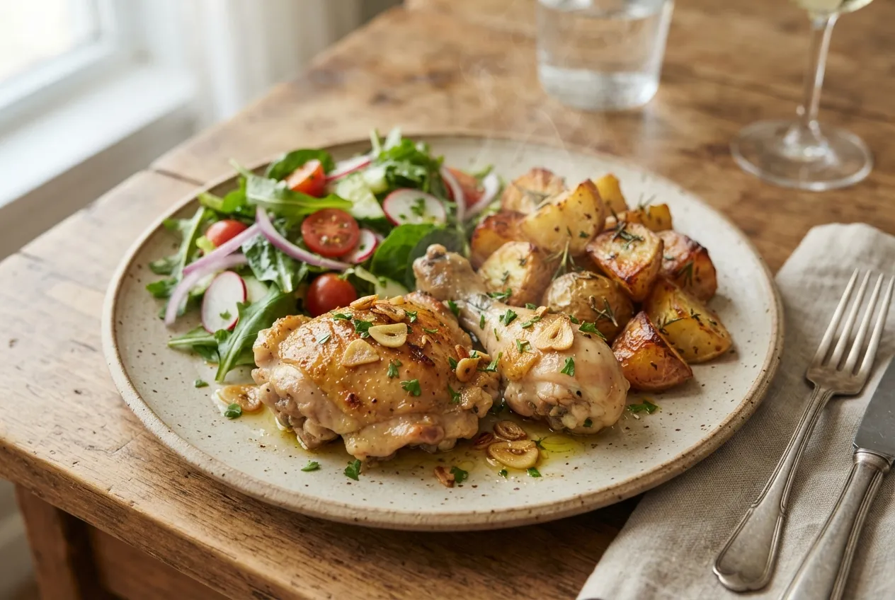 Pollo al ajillo con papas al horno y ensalada fresca