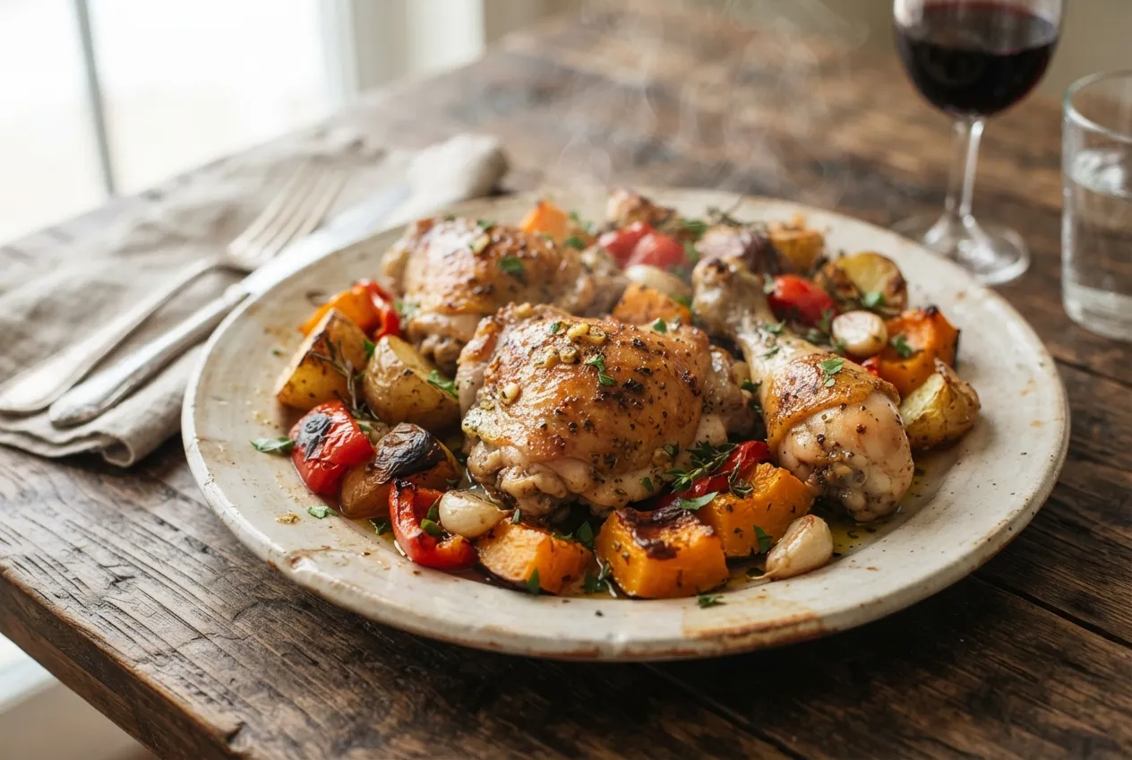 Pollo al ajillo con papas rústicas y verduras al horno