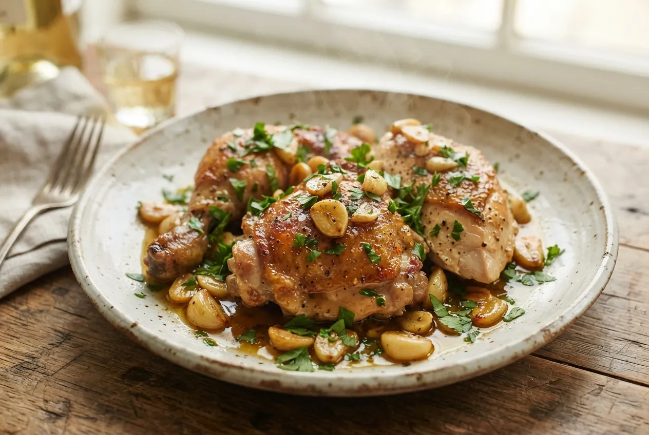Pollo al ajillo con vino blanco y perejil fresco