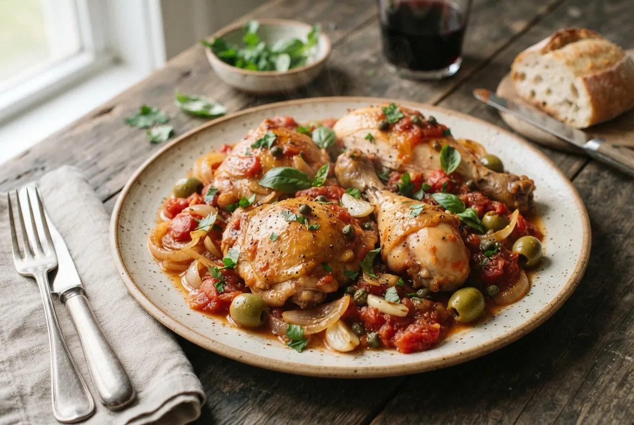 Pollo cacciatore con tomate, aceitunas y cebolla
