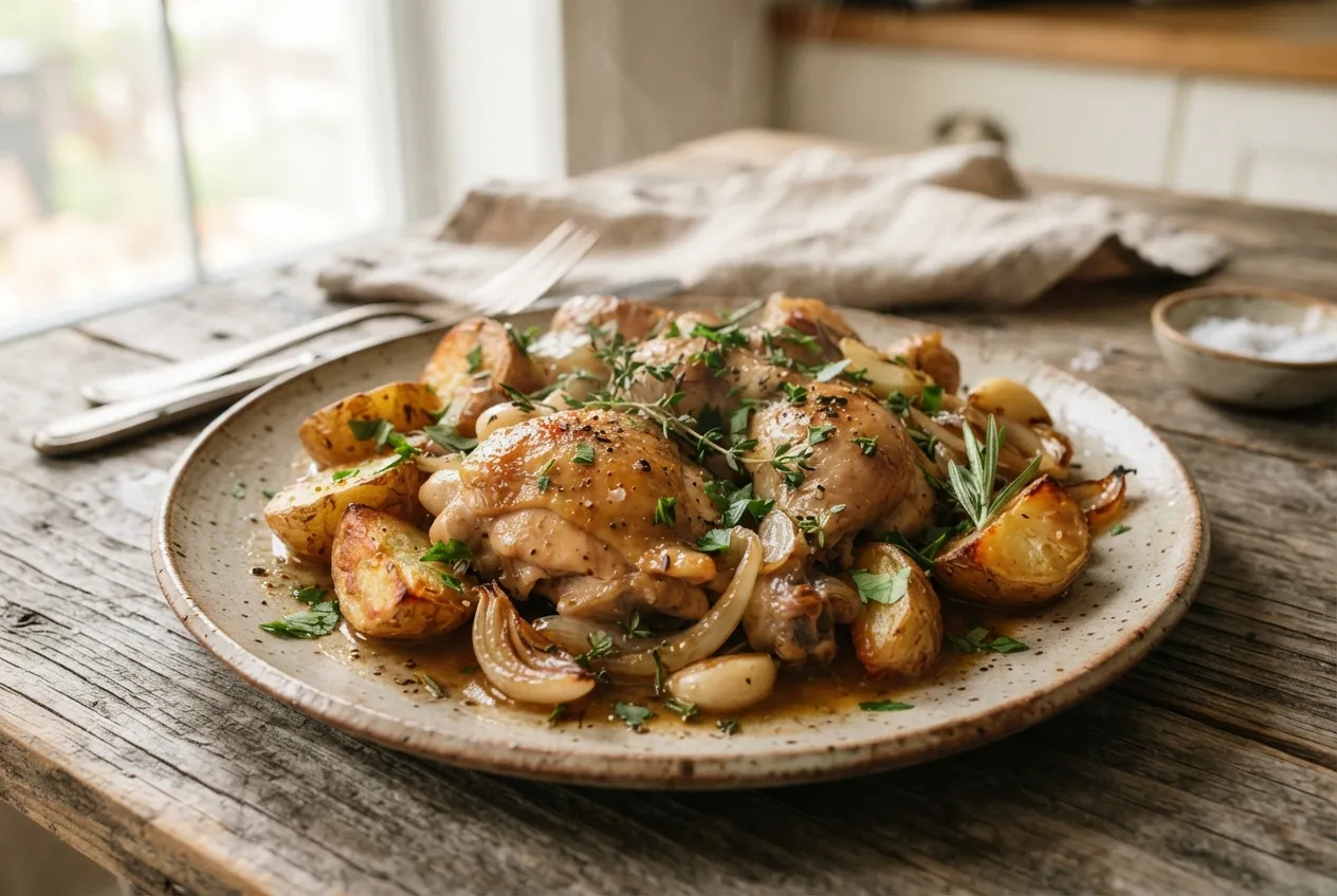 Pollo a la cerveza con papas al horno y hierbas frescas