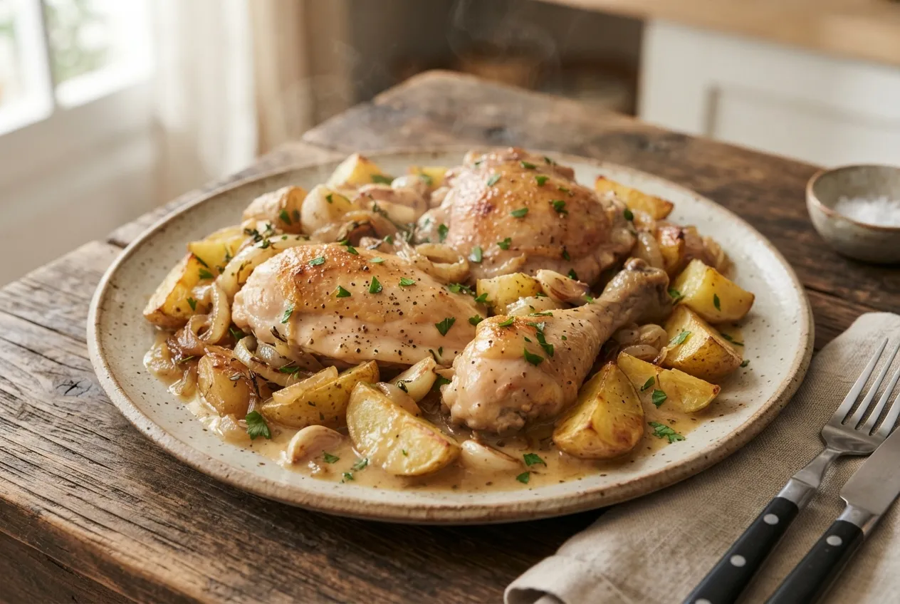 Pollo a la cerveza con salsa cremosa y papas al horno