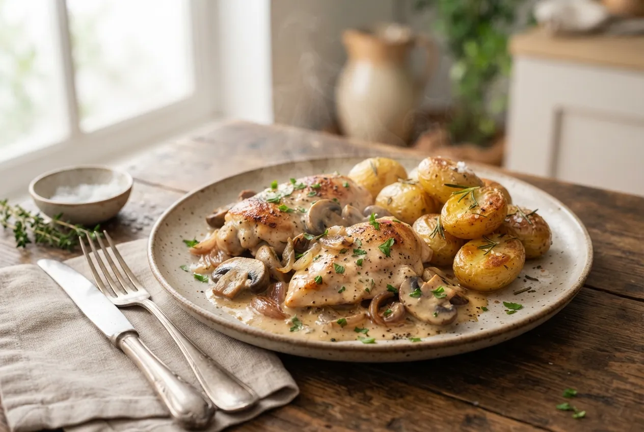 Pollo a la crema con champiñones y papas al horno
