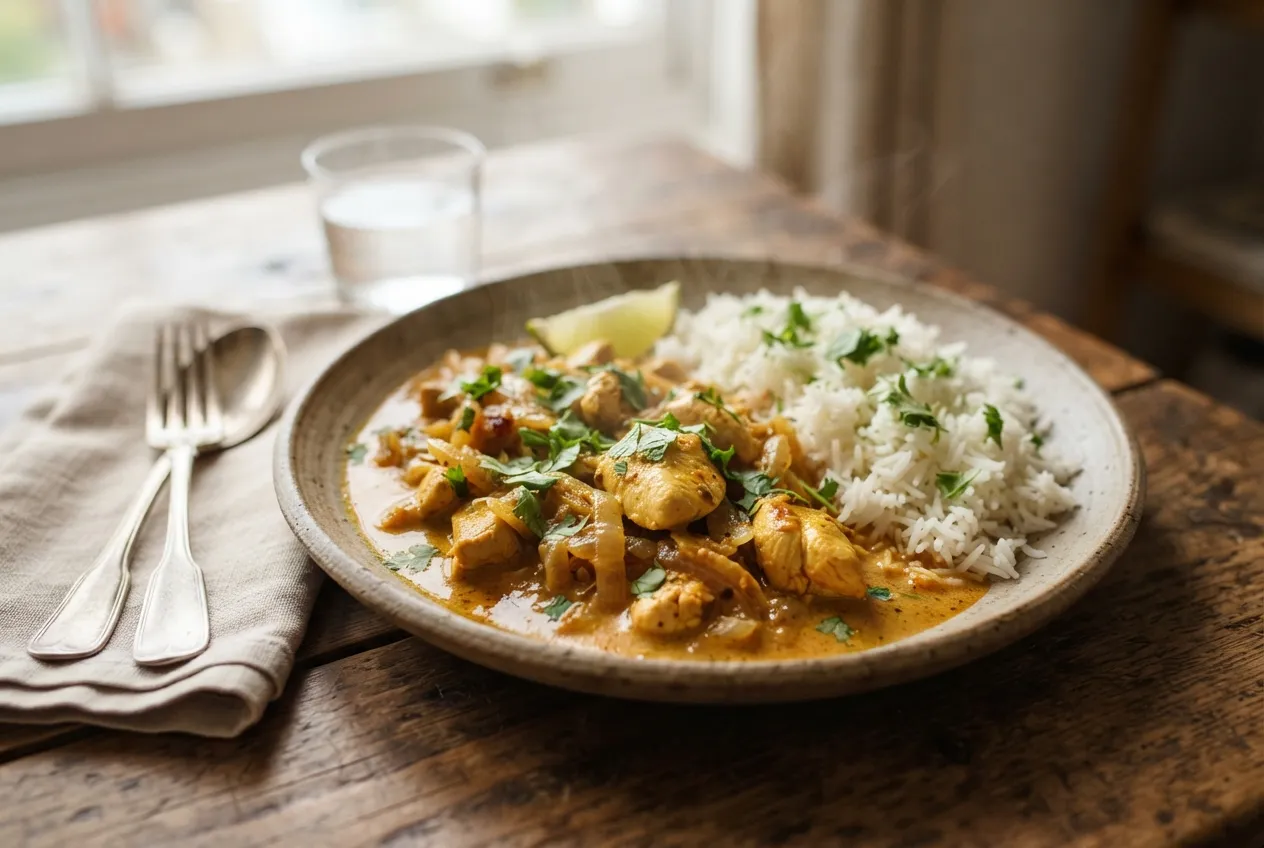 Pollo al curry con arroz basmati para comer en casa