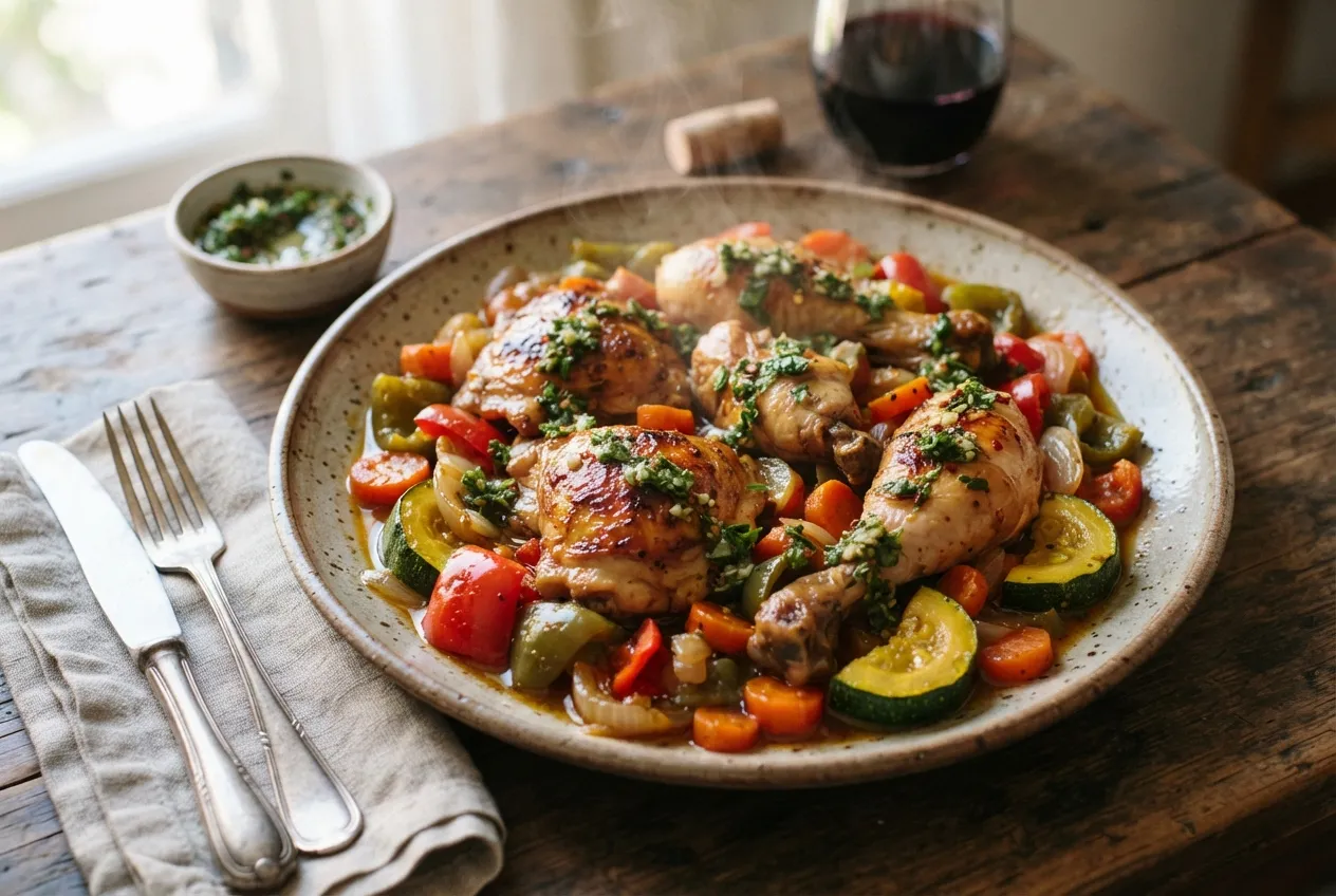 Pollo al disco con verduras y chimichurri para compartir