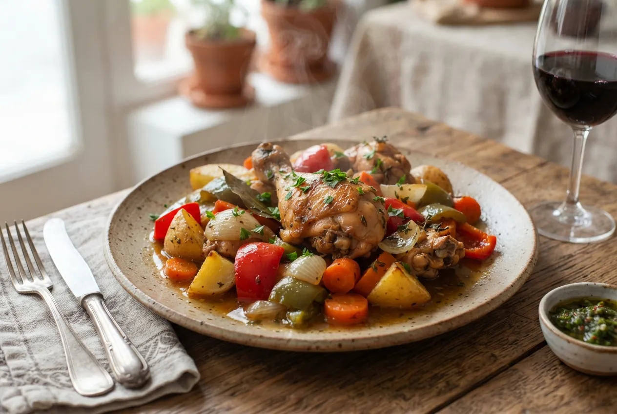 Pollo al disco con verduras y papas al estilo argentino