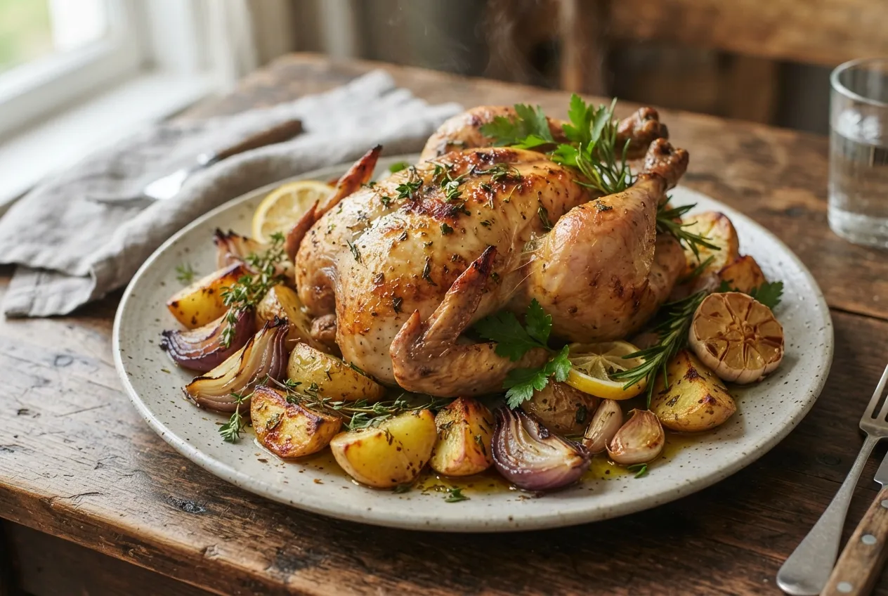 Pollo al horno con papas, cebolla y salsa de limón y ajo