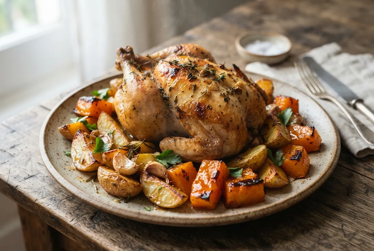 Pollo al horno con papas y zapallo glaseado