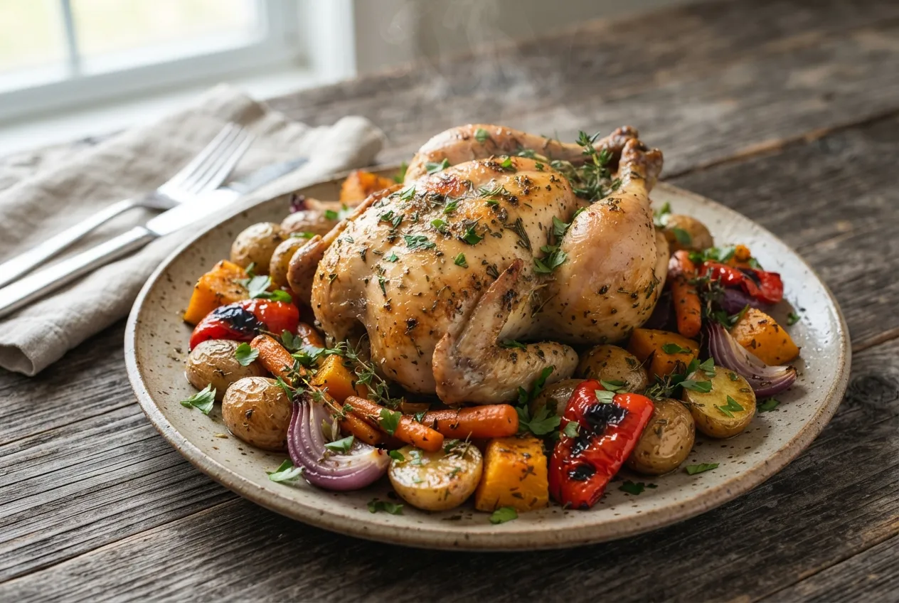Pollo al horno con verduras asadas y hierbas frescas