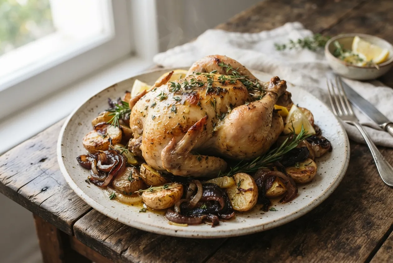 Pollo al limón con papas y cebolla caramelizada