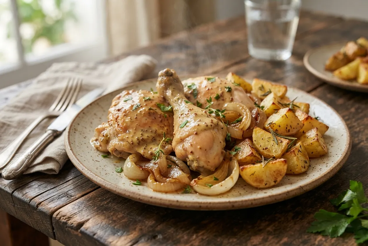 Pollo a la mostaza con papas al horno y cebolla caramelizada
