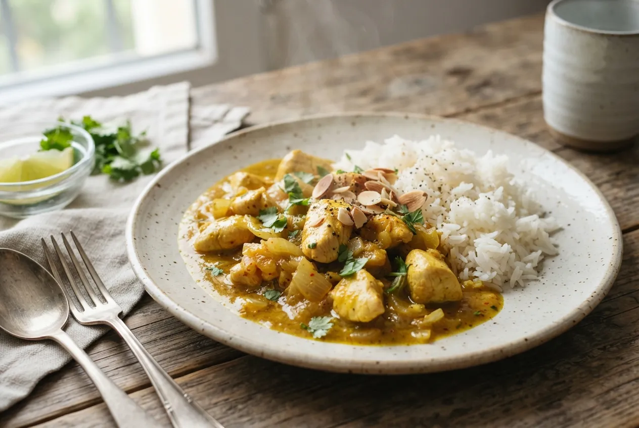 Pollo en salsa de curry suave con arroz blanco