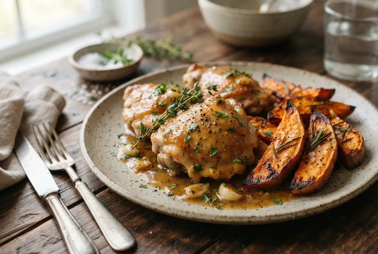 Pollo en salsa de mostaza y miel con batatas al horno