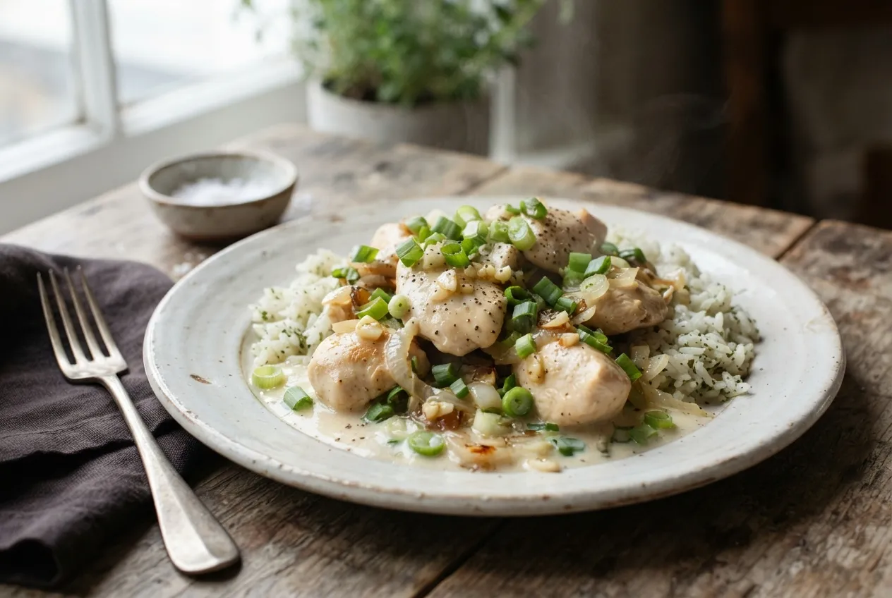 Pollo al verdeo con crema y cebollas para una cena clásica y rica
