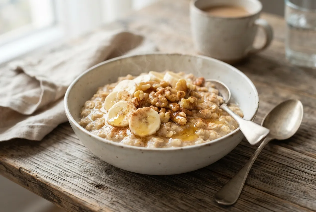 Porridge de avena con leche vegetal, banana y nueces
