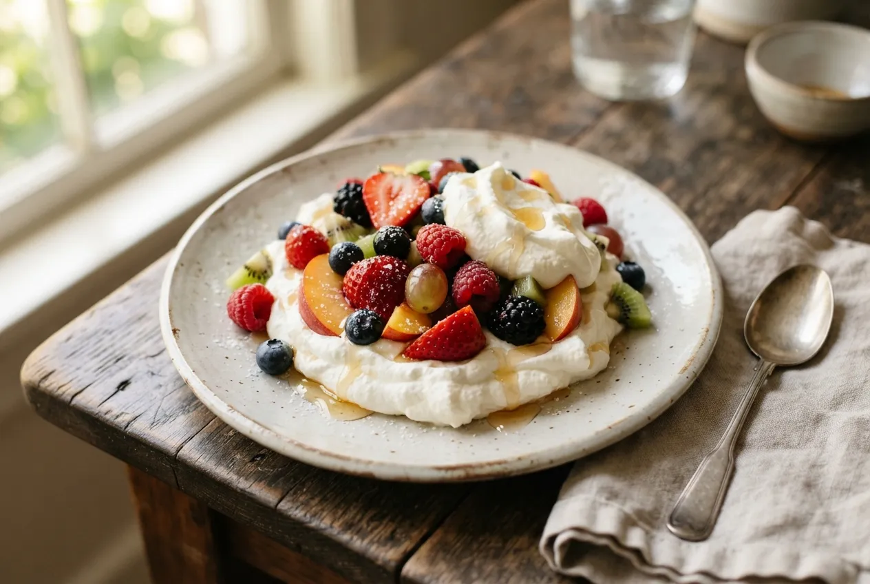 Postre de frutas frescas con crema batida y miel
