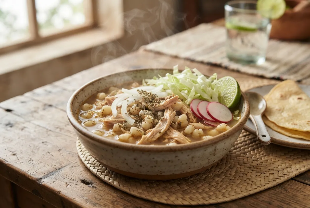 Pozole blanco tradicional con pollo y maíz grande