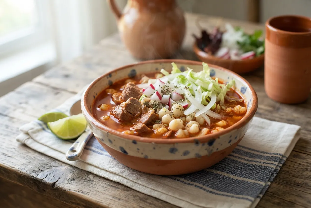 Pozole rojo tradicional mexicano con carne de cerdo