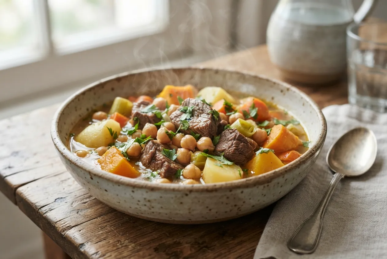 Puchero con carne, verduras y garbanzos para invierno